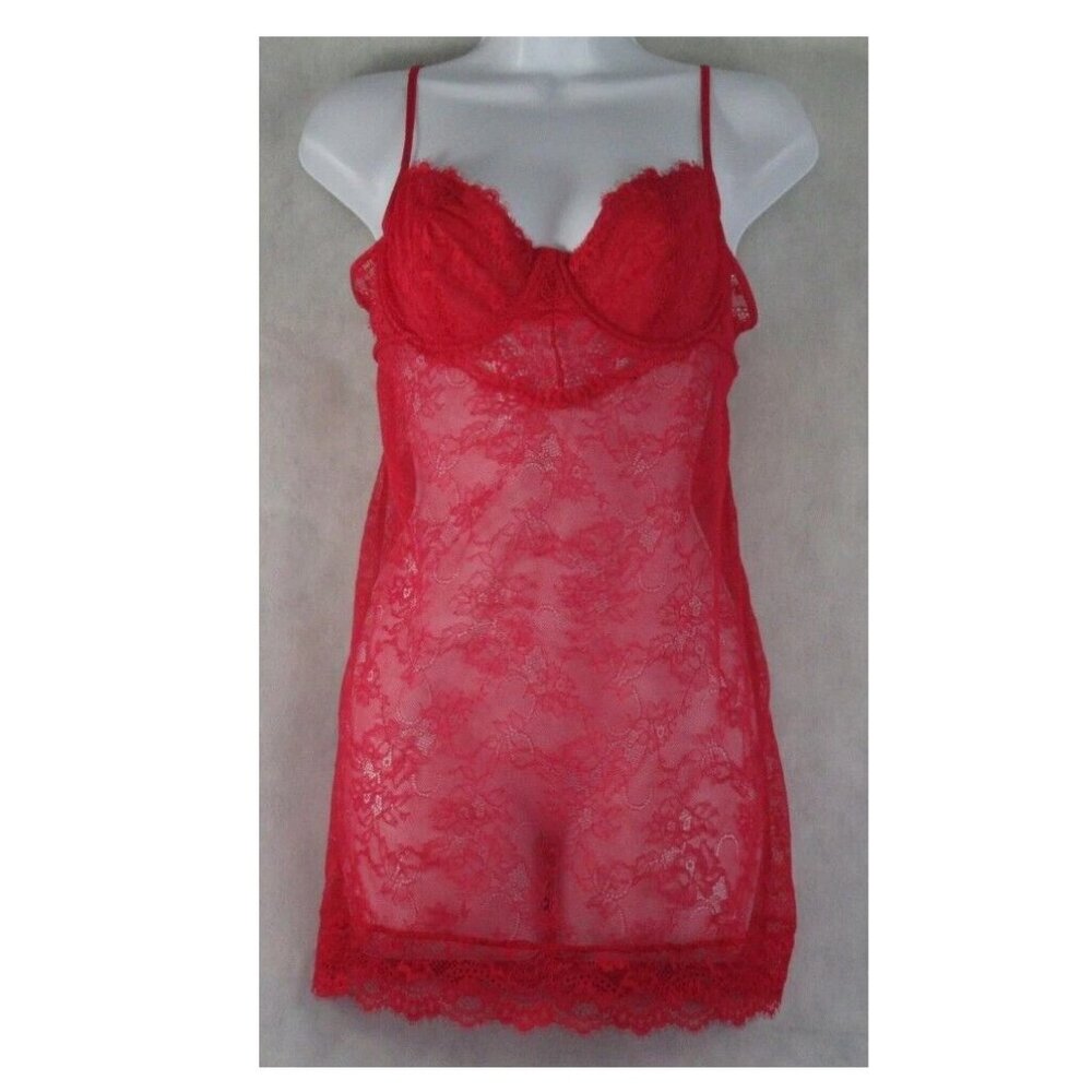 INC Women's Sexy Lace Chemise Nightgown, Ski Patrol Red, Small